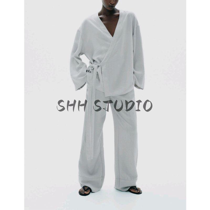 Casual Suit Side Bowknot Decoration Kimono Outerwear 5427723 Pajamas Style Pants 8338513