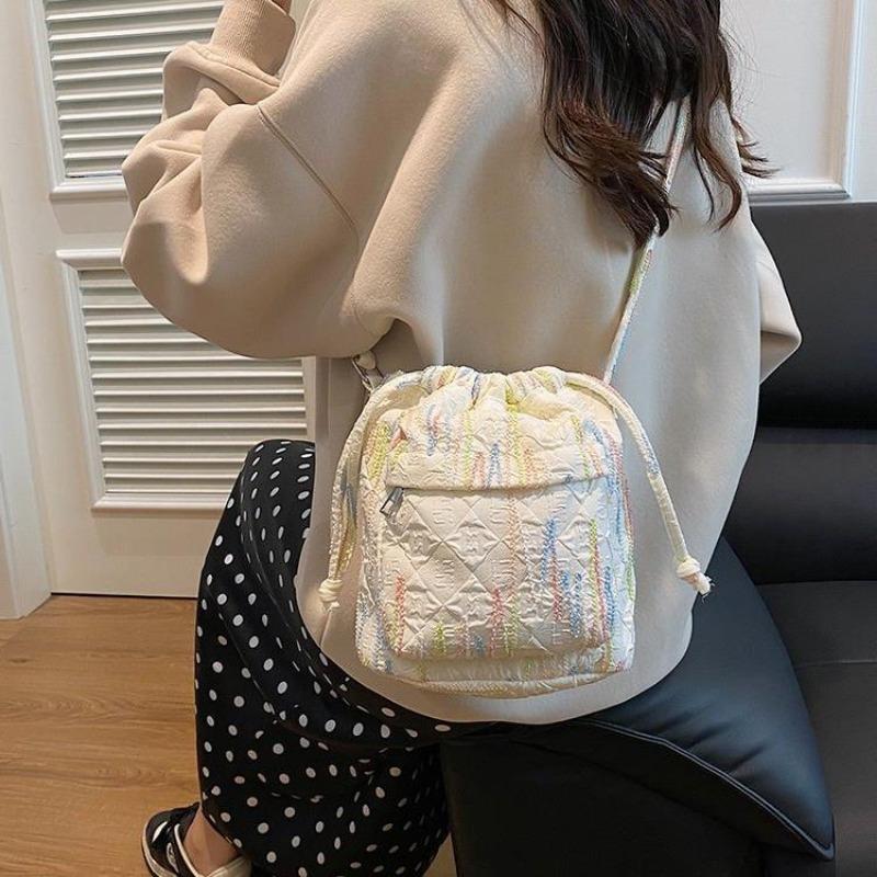Fashion Rainbow Stripes Embroidery Pleated Bucket Bag Chain Single Shoulder Crossbody Bag Bag
