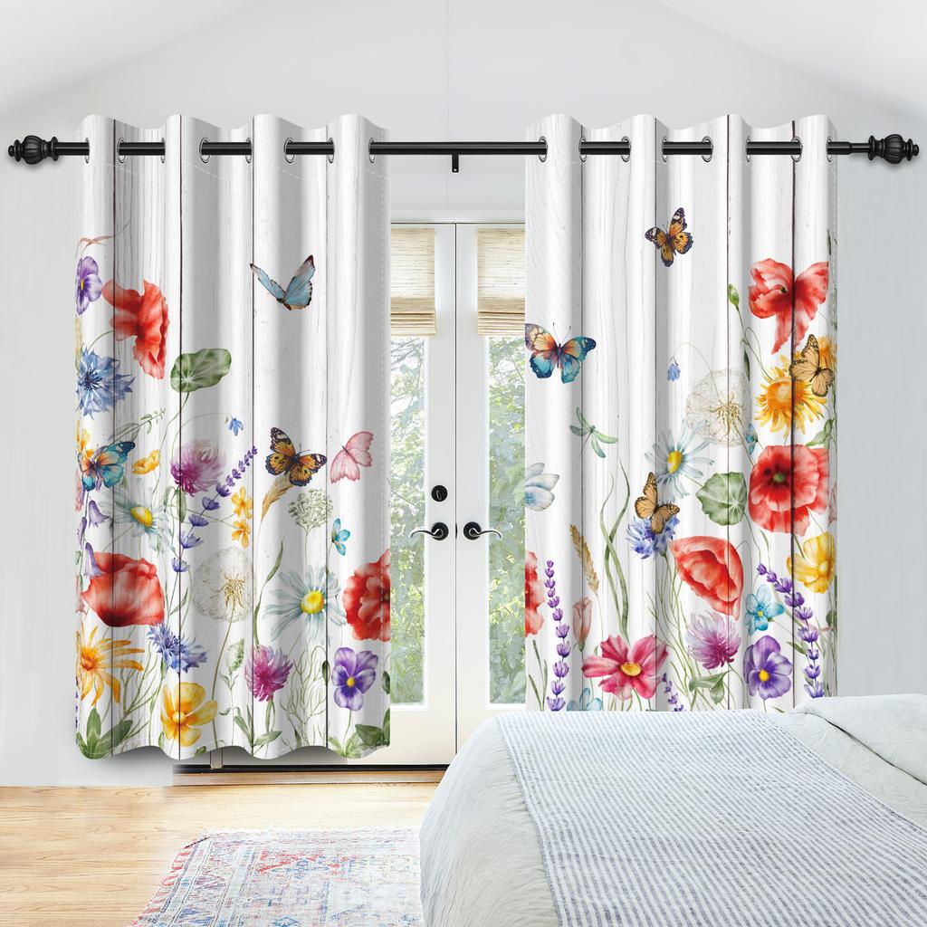Butterfly Flowers Plants Blackout Curtain for Bedroom Living Room Cafe Apartment Window Kid's Room Hanging Drapes Polyester 2Pcs