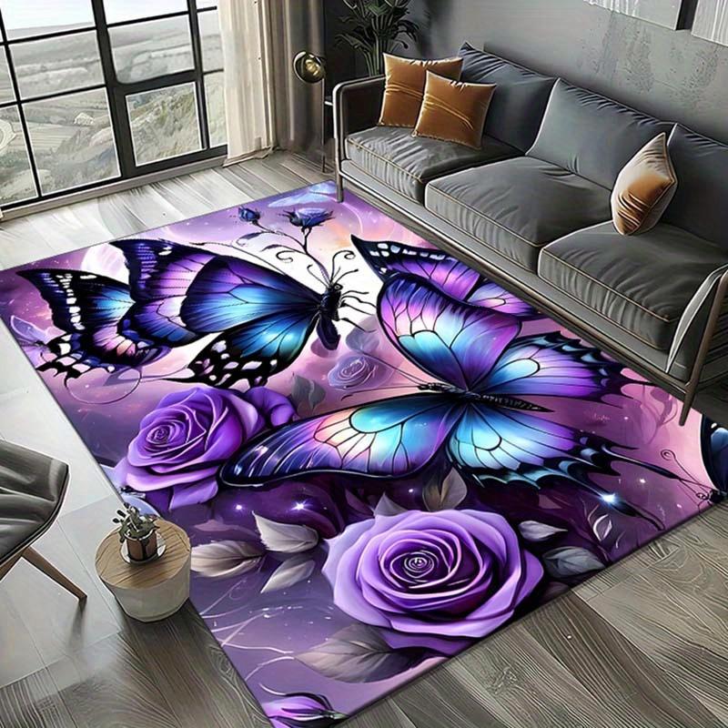 Crystal Velvet Purple Butterfly Printed Area Rug for Bedroom And Living Room Home Decoration, Non-Slip Mat for Bedside.