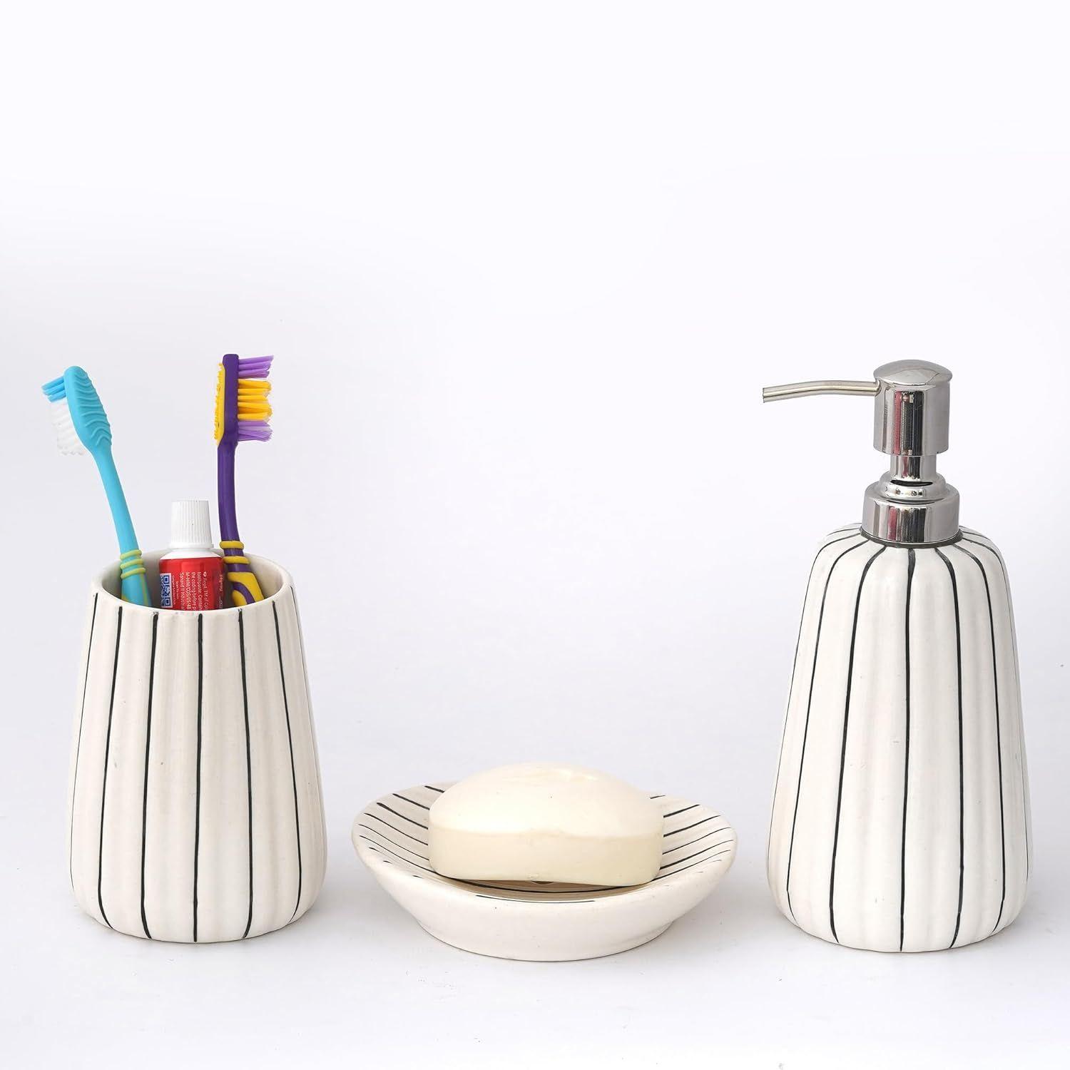 

Керамический набор аксессуаров для ванной из 3 предметов | Современный роскошный набор для ванной с дозатором для мыла 300 мл, подставкой для зубных щеток и мыльницей | Предметы домашнего декора