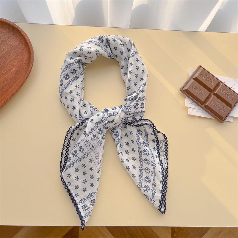 Women's Retro Floral Silk Cotton Scarf: Black Rice Square, Hair Band, Neck Warmer, Headscarf - Spring/Summer.