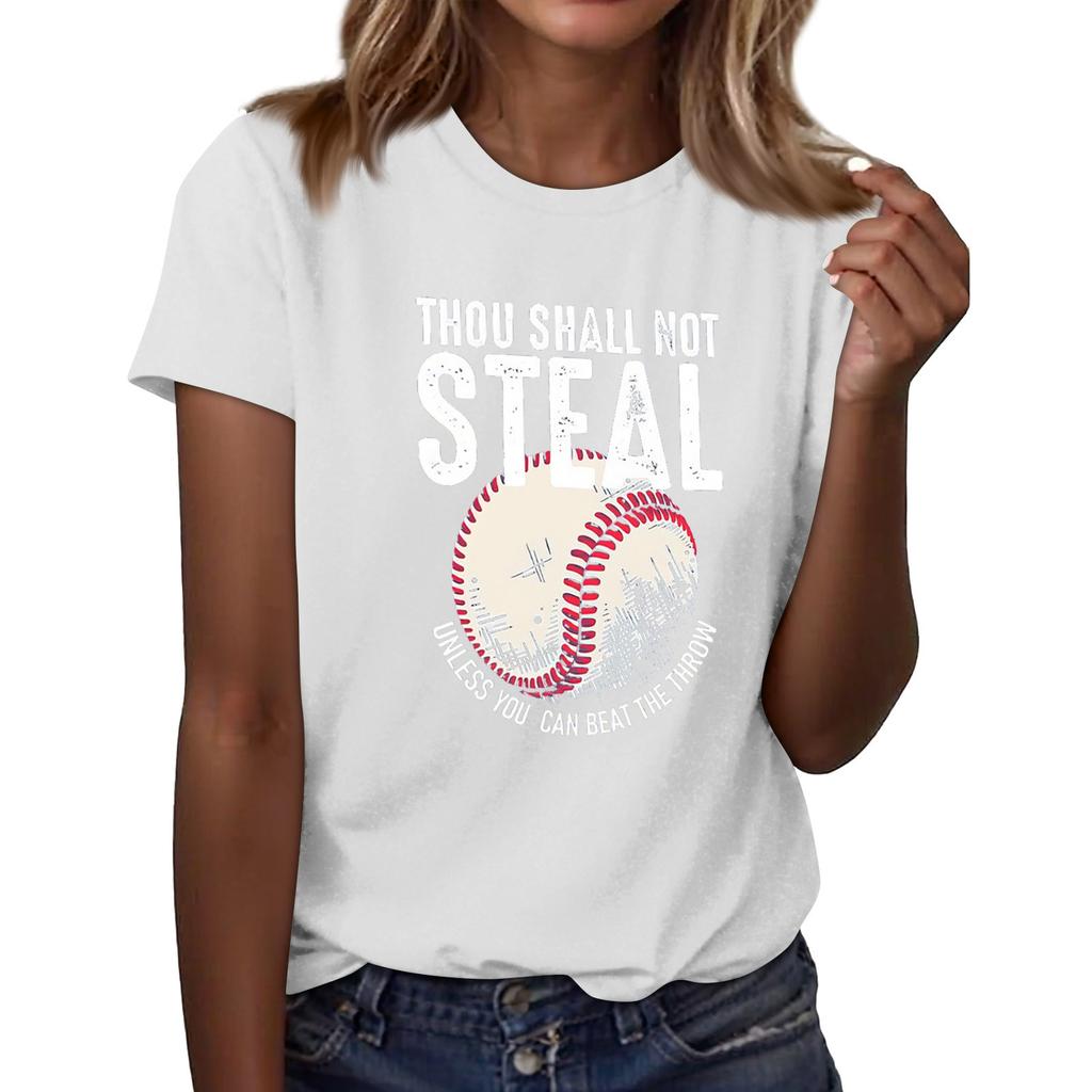 Women's Casual Baseball Print T-shirt Round Neck Pullover Short Sleeve Top
