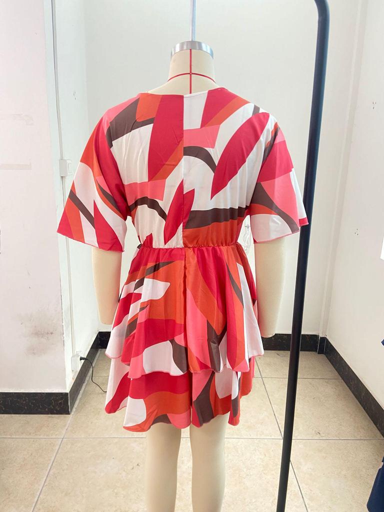 Autumn 2023 V-Neck Batwing Sleeve Print Dress for Women