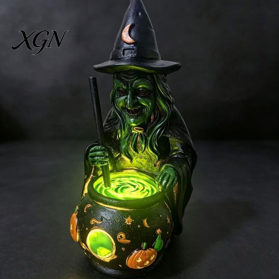 Gothic Home Decor for Halloween Witch Cauldron Lamp Figurine, Resin Scary Witches Lighted-Up Glowing Pot Figurine Cauldron, Festival Supplies