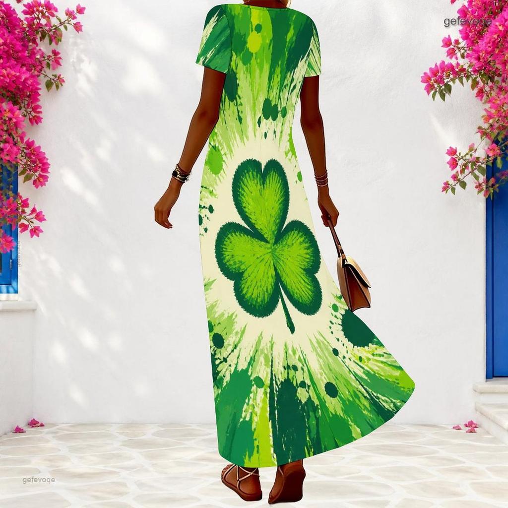 Women Plus Size V Neck Short Sleeve Dark Green Clover Printed Long Dress