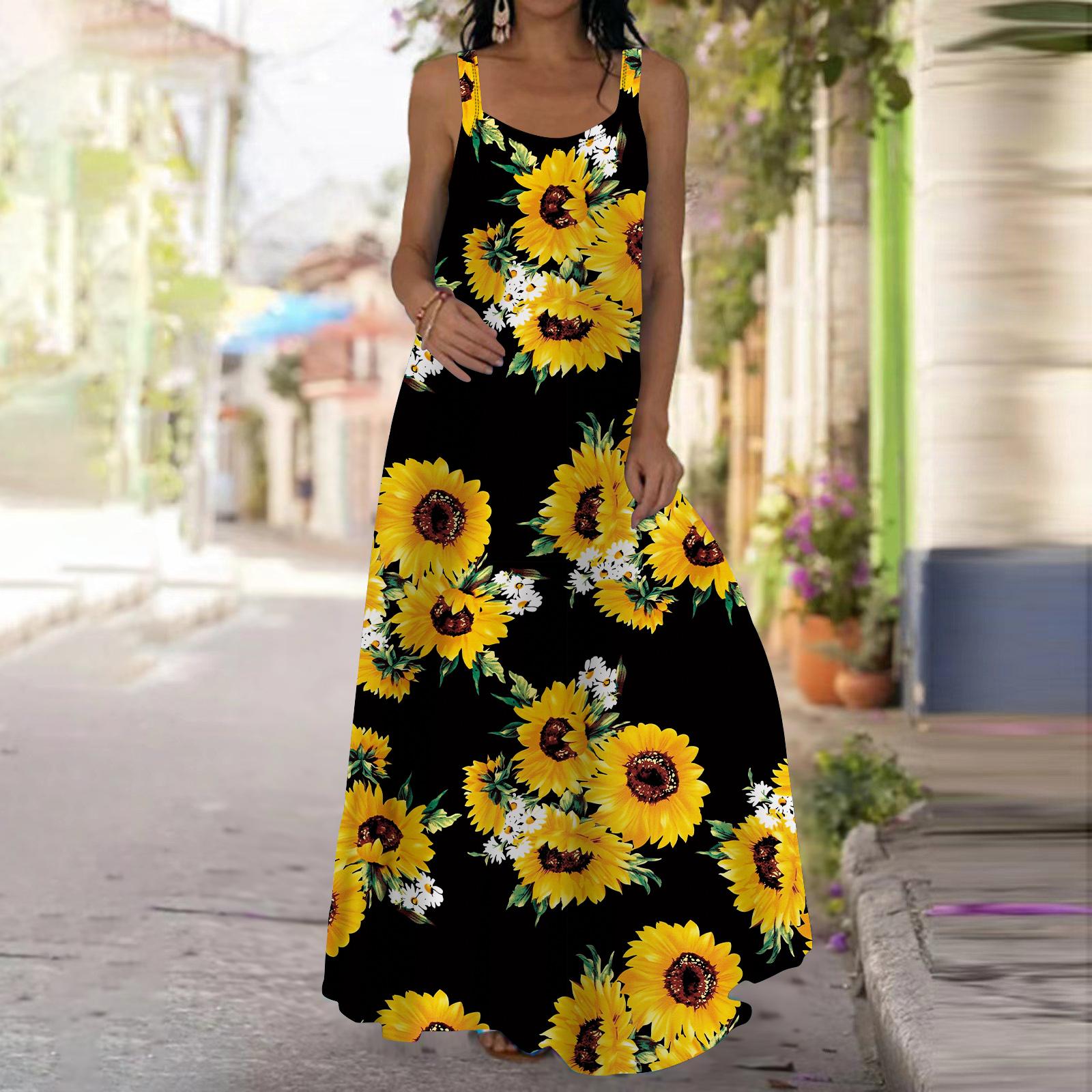 

Женское платье-комбинация Длинное платье макси Белое платье с принтом хризантем Весна и лето Досуг XXL чёрный