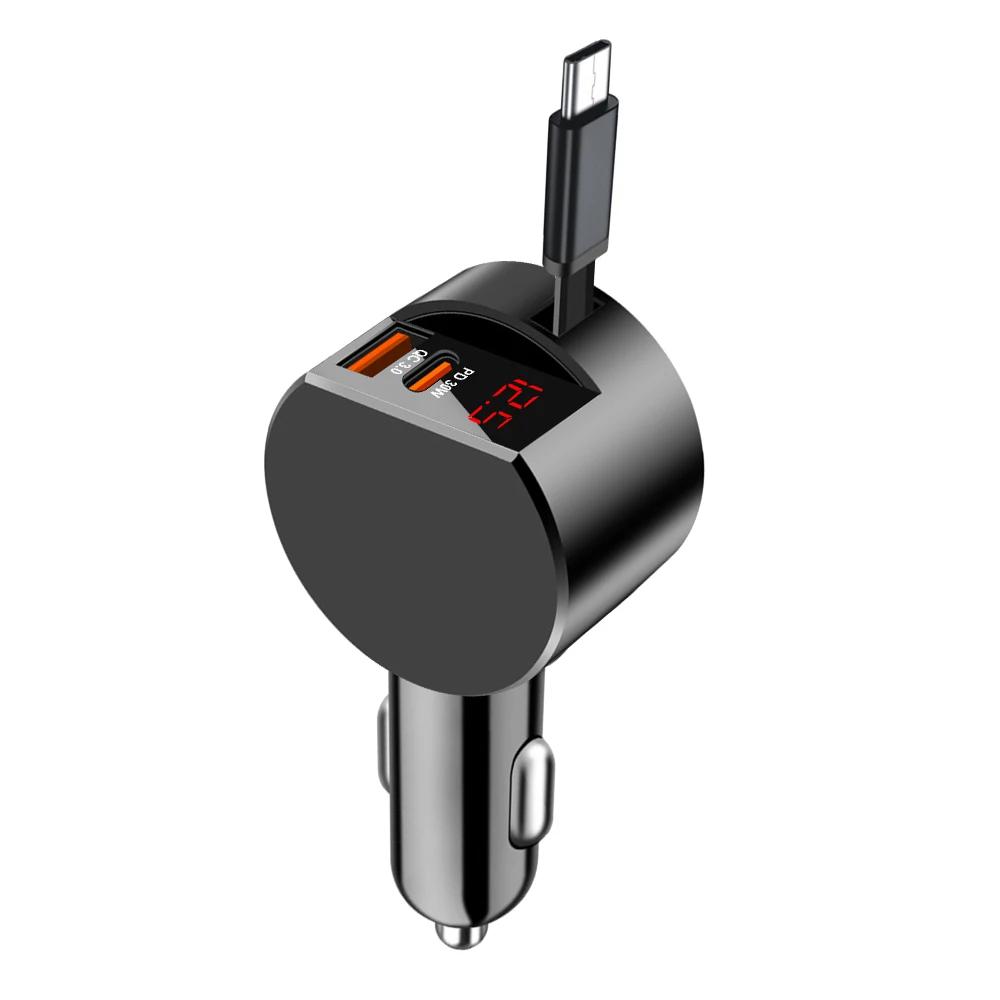 

Retractable Car Charger 4 in 1,78W Fast Charging PD30W QC3.0 Voltage Display Cigarette Lighter Adapter for iPhone & Android чорний