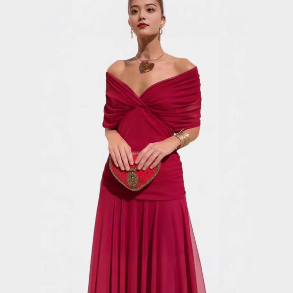 2026 European & American V-Neck Mesh Dress - Elegant Mid-length Skirt with Printed Design
