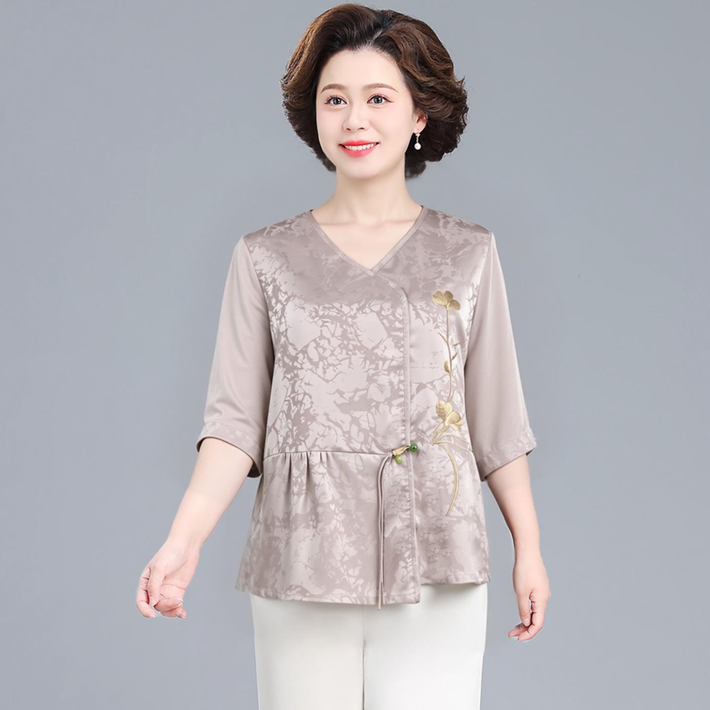 

2026 Chic Mid-Sleeve Blouse & Pants Set for Middle-Aged and Elderly Women - New Chinese Style Summer Wear XXXL