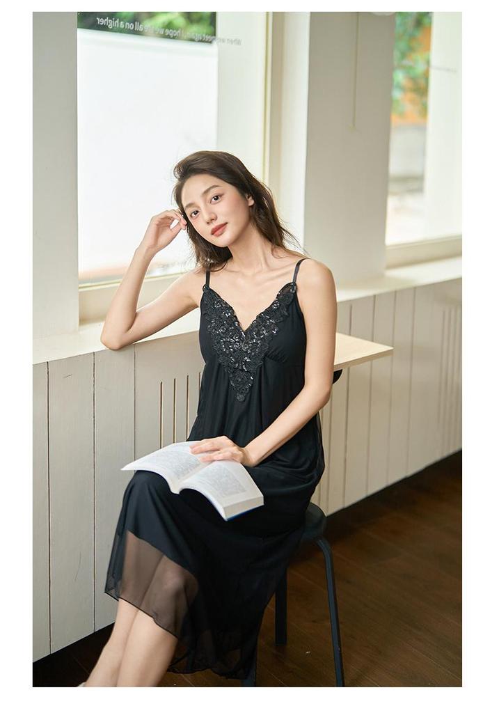 Women's Summer Lace Camisole Pajama Dress with Chest Pads - French Fairy Style