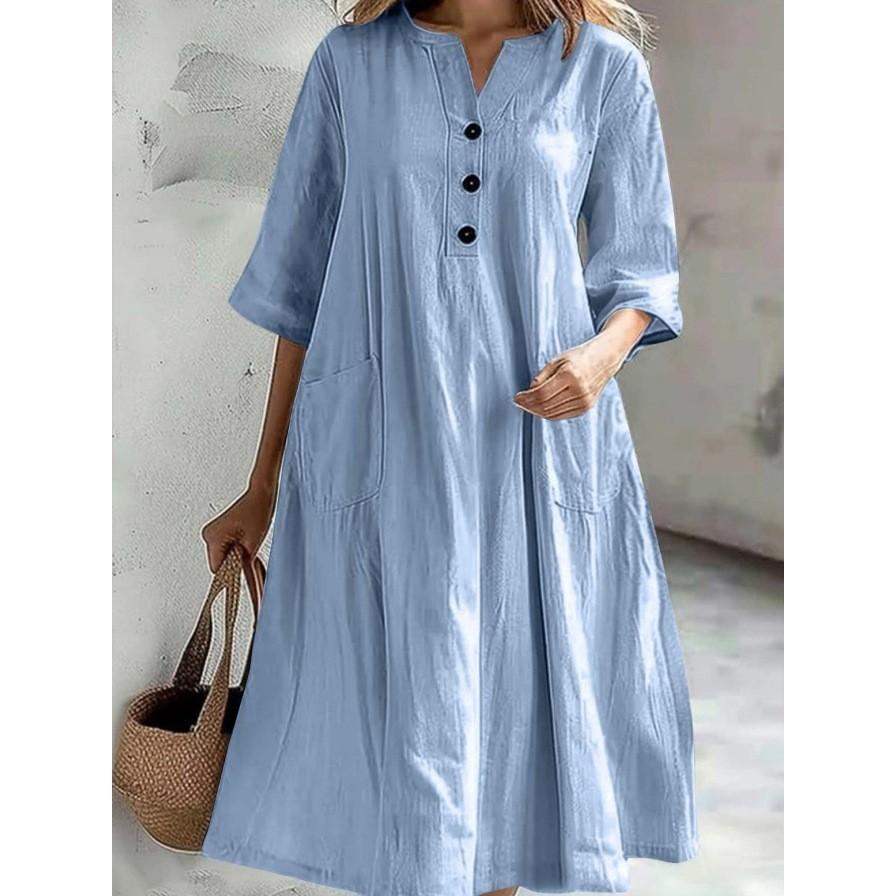Casual A Line Dress With Pockets For Womens Autumn Style In Cotton Linen Fabric