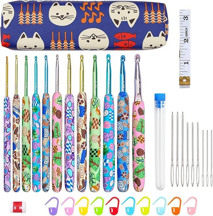 Coopay Complete Crochet Hooks Set for Beginners, 2.25mm-8mm Crochet Hook, Ergonomic Crochet Hooks for Arthritic Hands, Cute Animal Print Comfort Grip 12pcs