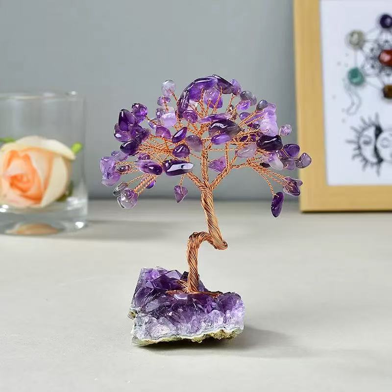 Cross-border Eco-friendly Engraved Natural Amethyst Cluster Base Money Tree Ornament Home Decoration Fortune Tree (as the picture,S)