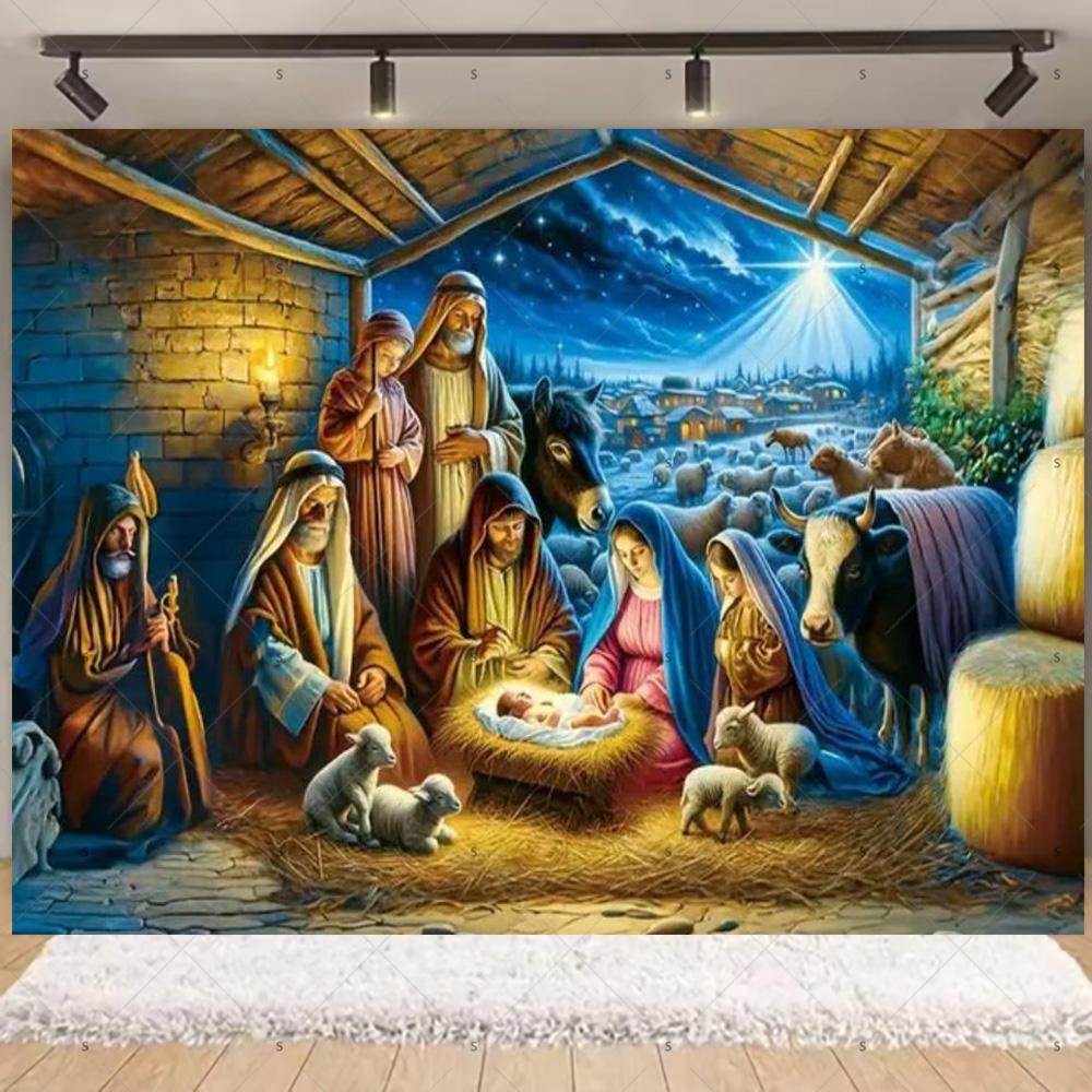 Nativity Scene Background Banner Starry Night Traditional Christmas Religious Jesus Backdrop Supplies Christmas Party Decoration