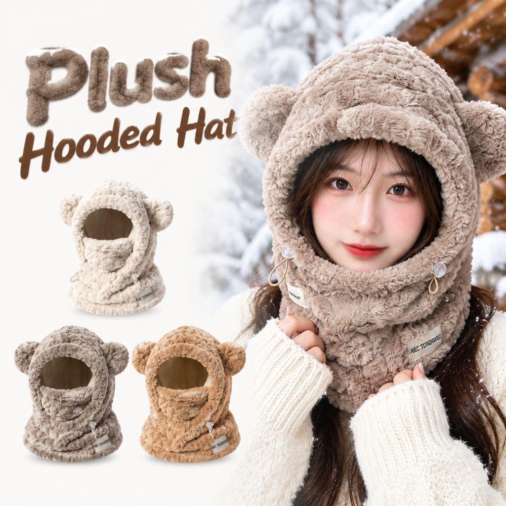 Adjustable Drawstring Hat Scarf Combo Thickened Warm Winter Balaclava Plush Hooded Hat for Women