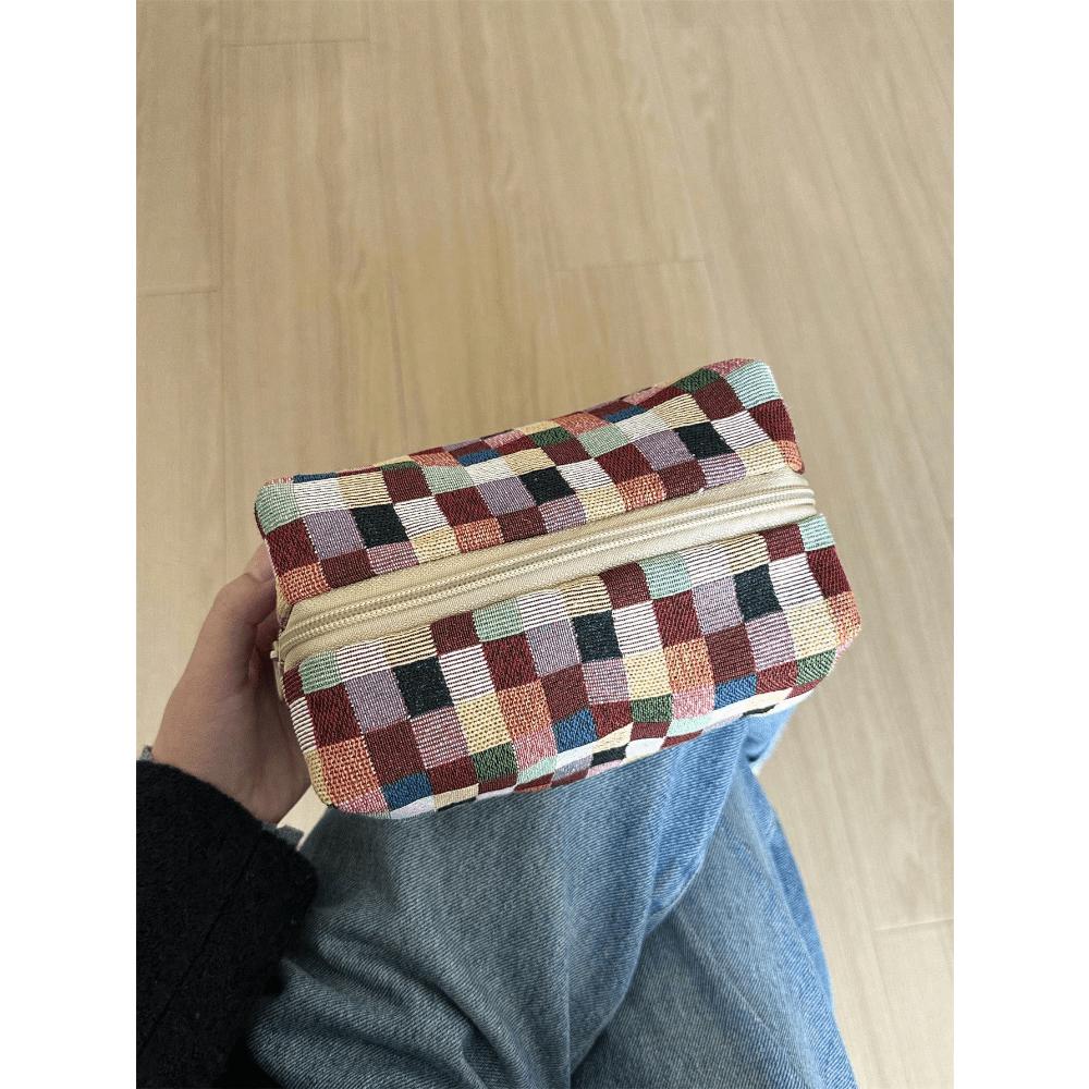 Summer Large Makeup Bag For Women -Vintage Cosmetic Bag, Color Stripes Pattern Bag, Square Travel Toiletry Bag For Makeup Brush