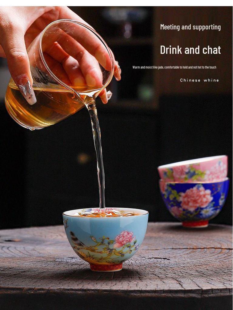 Palace-Style Peony Gongfu Enamel Ceramic Tea Cup Souvenir