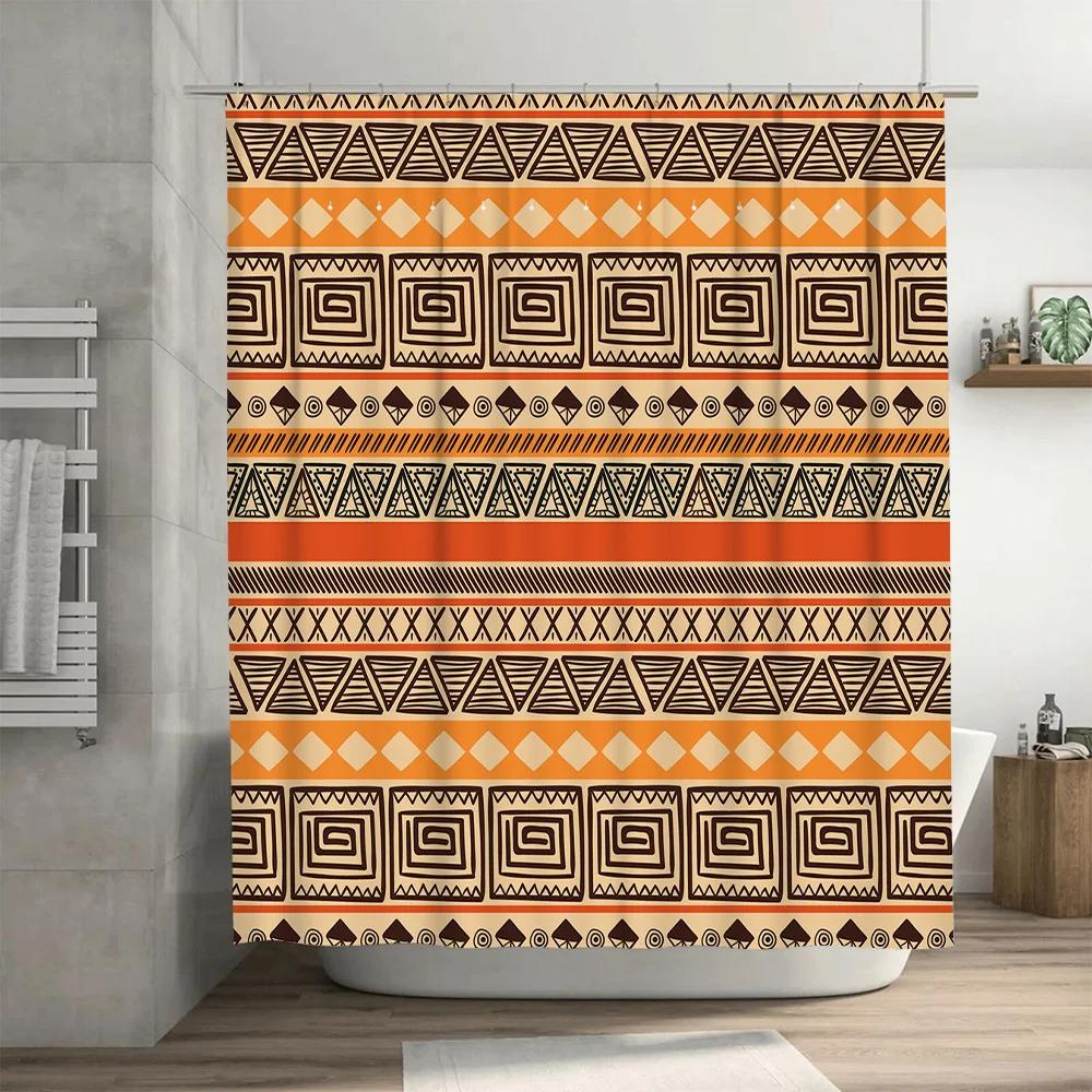 Ethnic Print Shower Curtain Bathroom DecorModern Geometric Pattern with Beige Brown Colors Durable Fabric for Waterproof Home Us