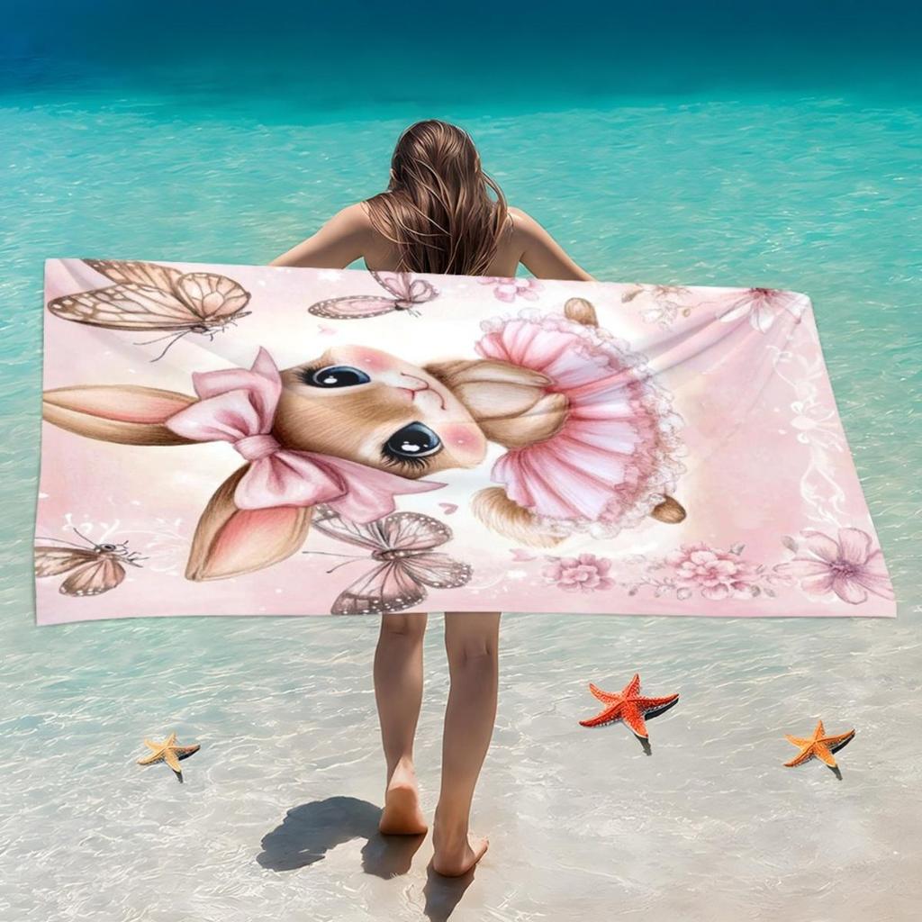 1pc Sweet Rabbit 2D Flat Beach Towel, Ideal for Beach Party Travel Camping, Essential Summer Beach Accessory