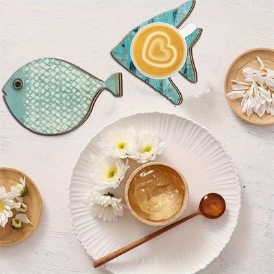 6 Stück/Set 2D Fischförmige Holz-Untersetzer Anti-Rutsch Hitzebeständig Strand-Thema Küchen-Dekoration Maritimer Stil Café