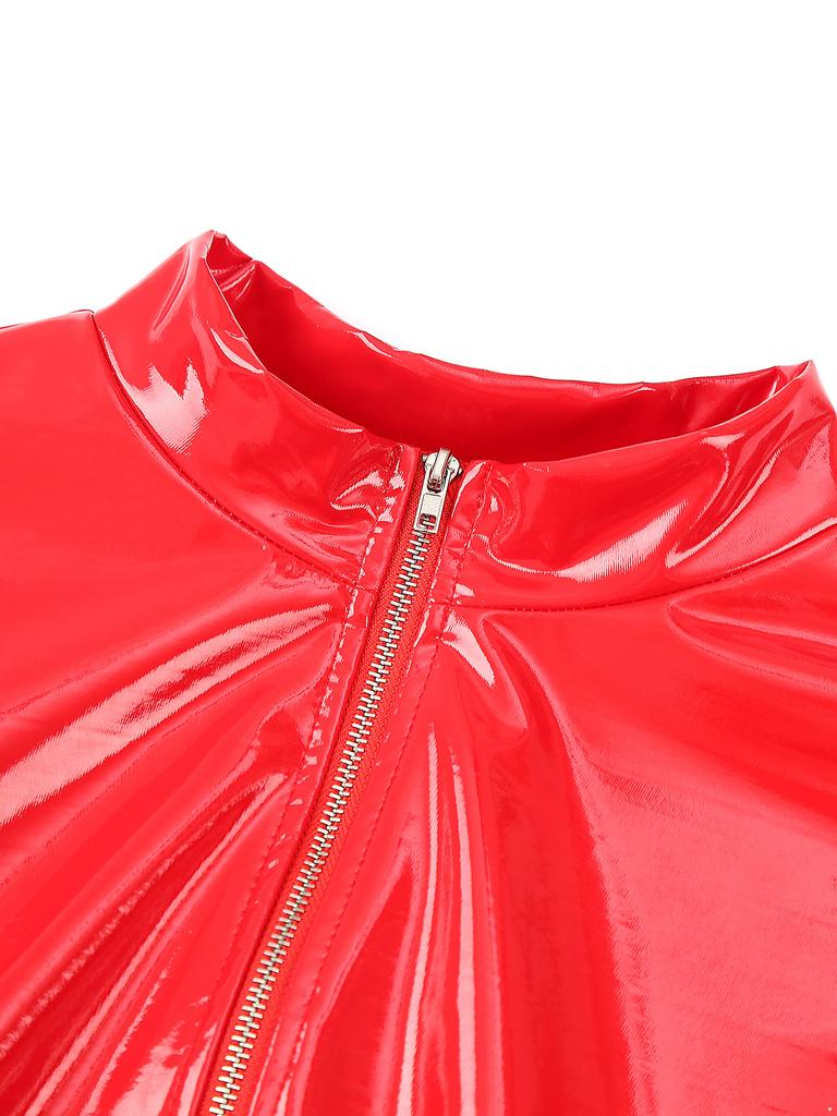 Kvinners ett stykke langermet skrittløs jumpsuit Wet Look Patent Leather Glidelås Bodysuit Catsuit