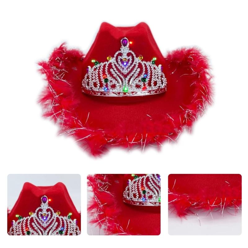 Rhinestone Crown Cowboy Hat Western Style Led Light Brim Hat Fedora Felt Cowboy Jazz Hat Accessory Wedding Party Hat