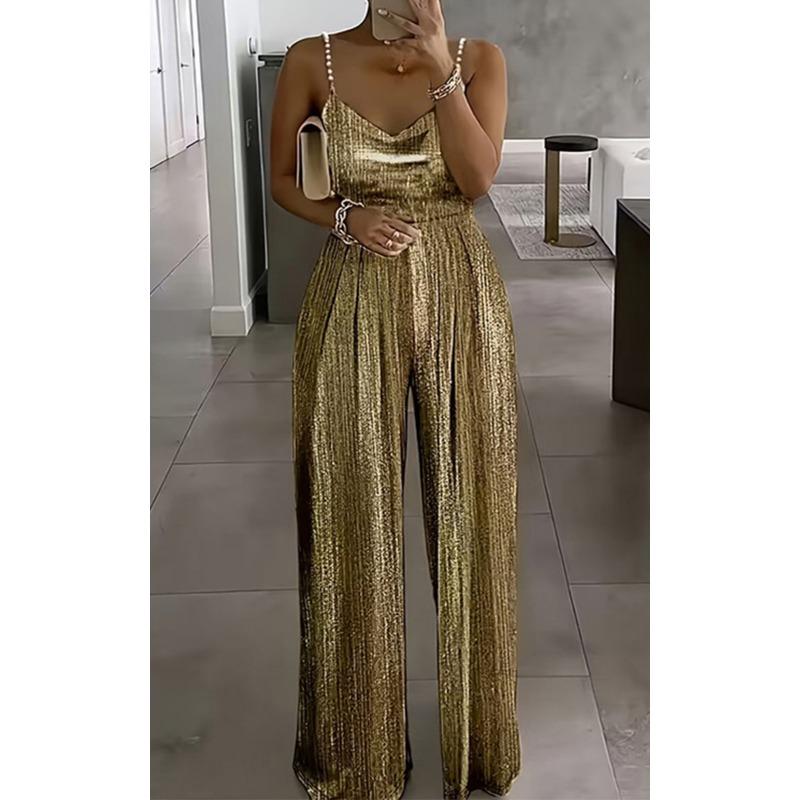 

DAFIFY Женская мода Повседневный Летний Весенний Однотонный Принт Без рукавов V-образный вырез Брюки с высокой талией Комбинезоны и ромперы XXXL золотой