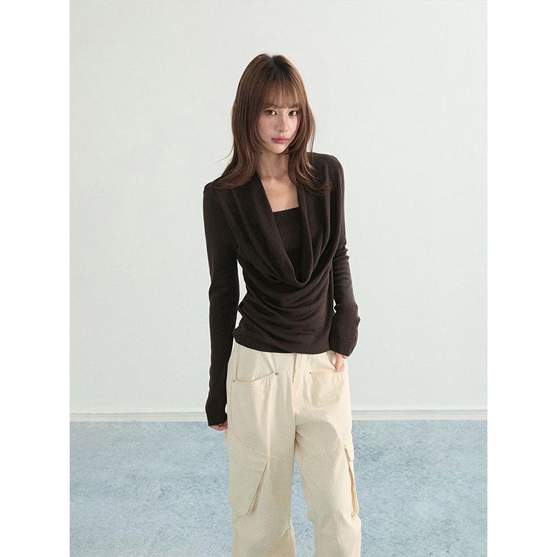 Women s Autumn Winter Long Sleeve Swing Neck Layered Look T-shirt, Solid Color, 260g S