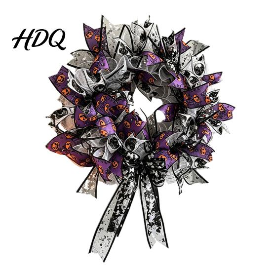 Halloween Wreath Mesh Ribbon for Front Door Spooky Skull Pumpkin with Door