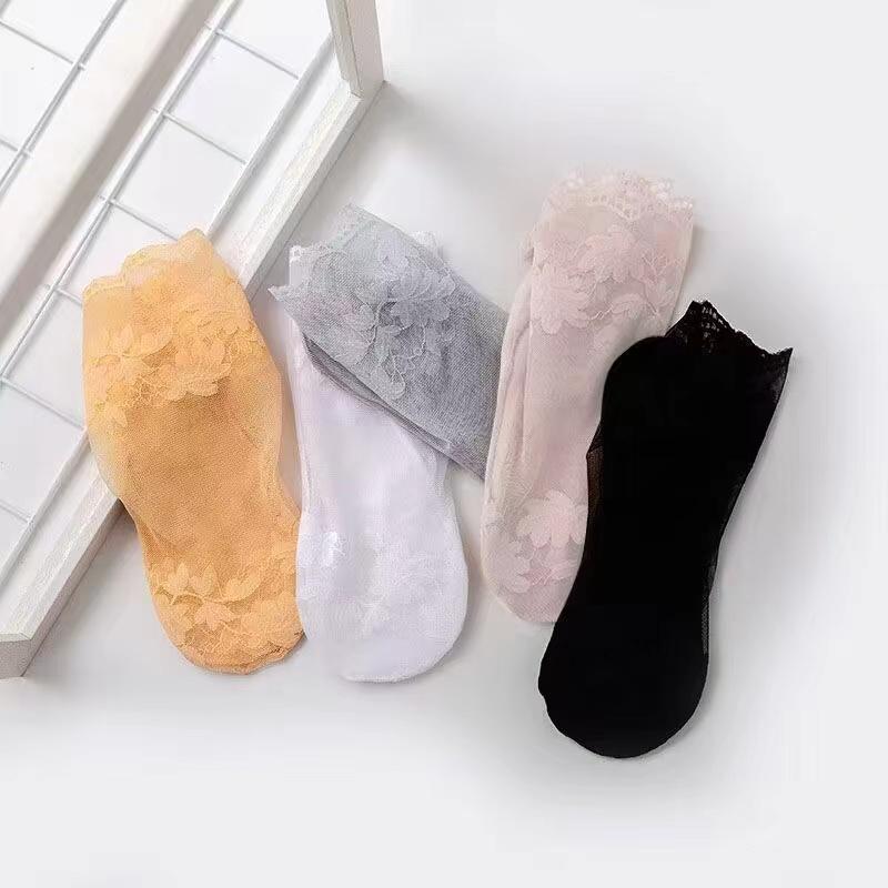 5 Paare/Socken Damen Spitze Transparent Lolita Unsichtbar Sommer Dünn Rutschfest Kurz Knöchel Schwarz Low Cut Bootssocke