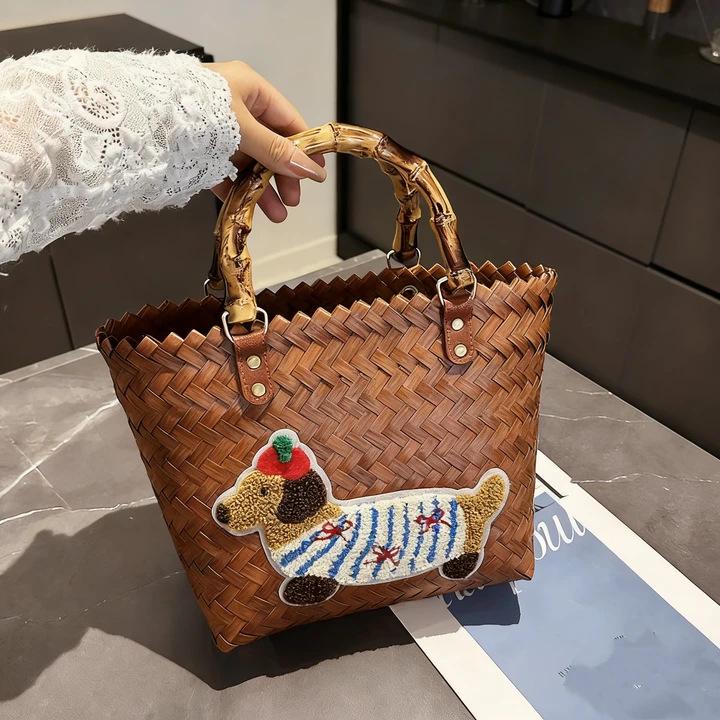 

Ретро плетенa сумка-кошик з бамбуковою ручкою для ковбаски-цуценяти, обіду або для поїздки на роботу Brown Medium 30*20