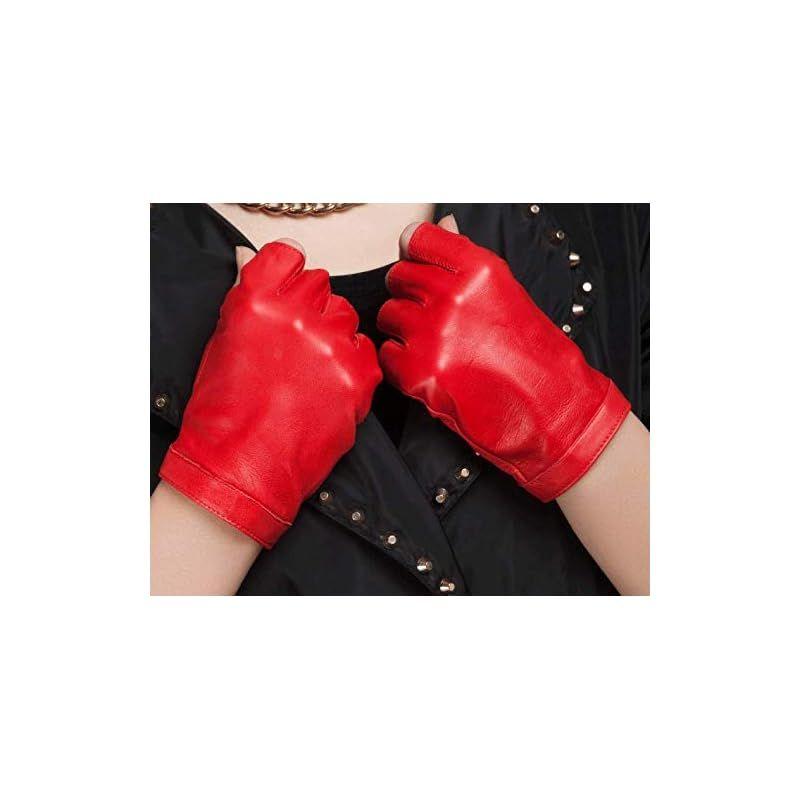 Used [NEW] [Nappaglo] Women's Short Fingerless Leather Gloves, Winter Inner Warm Insulation, Cold Protection, Sports, Driving Gloves (M, Red (Silk