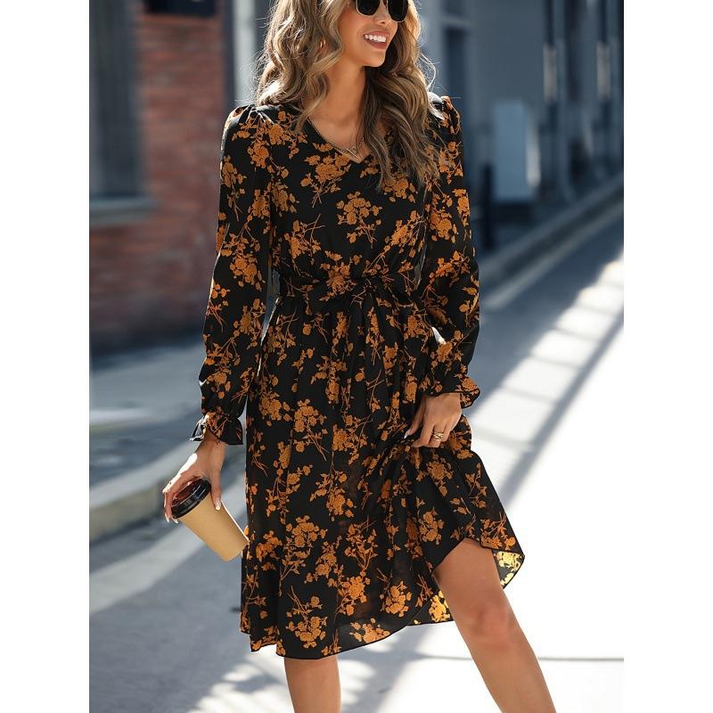 Foreign Style Skirt Women's Spring New European and American Sexy Waist Floral Long-sleeved Dress
