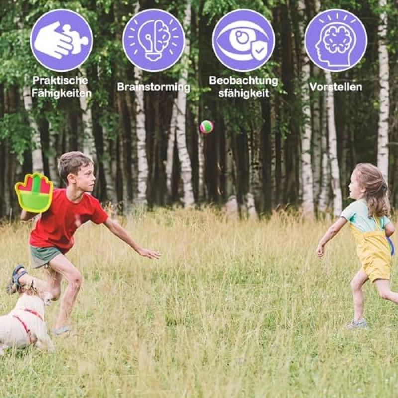 Kinder Outdoor Wurfspiel Set mit 2 Klettbällen & 2 Schlägern, Strand Garten Spielzeug für Kinder Alter 3-6 Jahre, Eltern-Kind Outdoor Spiele