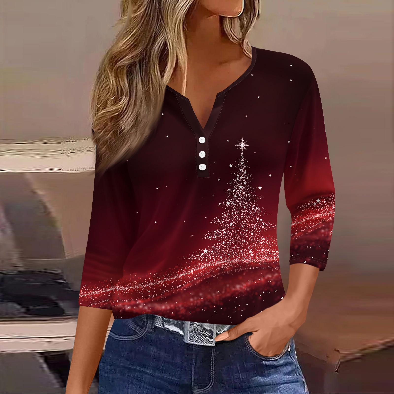 

Женская модная повседневная футболка с принтом рождественской елки, V-образным вырезом, декоративными пуговицами и рукавом три четверти L