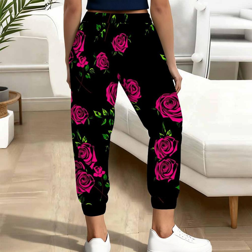 Summer Ladies Beautiful Floral Printed Sweatpants Loose Fit Drawstring Joggers Elastic Cuff Daily Casual Pants