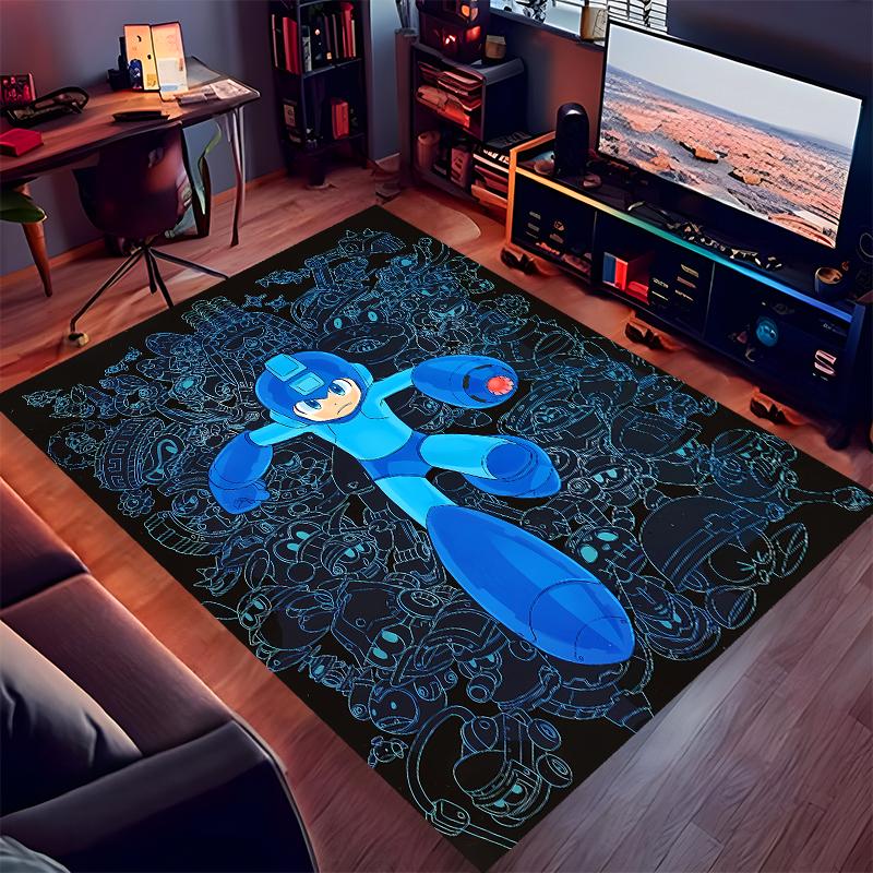 1pc Cartoon Rockman Game Megaman Print Area Rug - Soft, Washable Non-Slip Indoor Mat for Office Chairs, Living Room, Home Office Decorative Rug