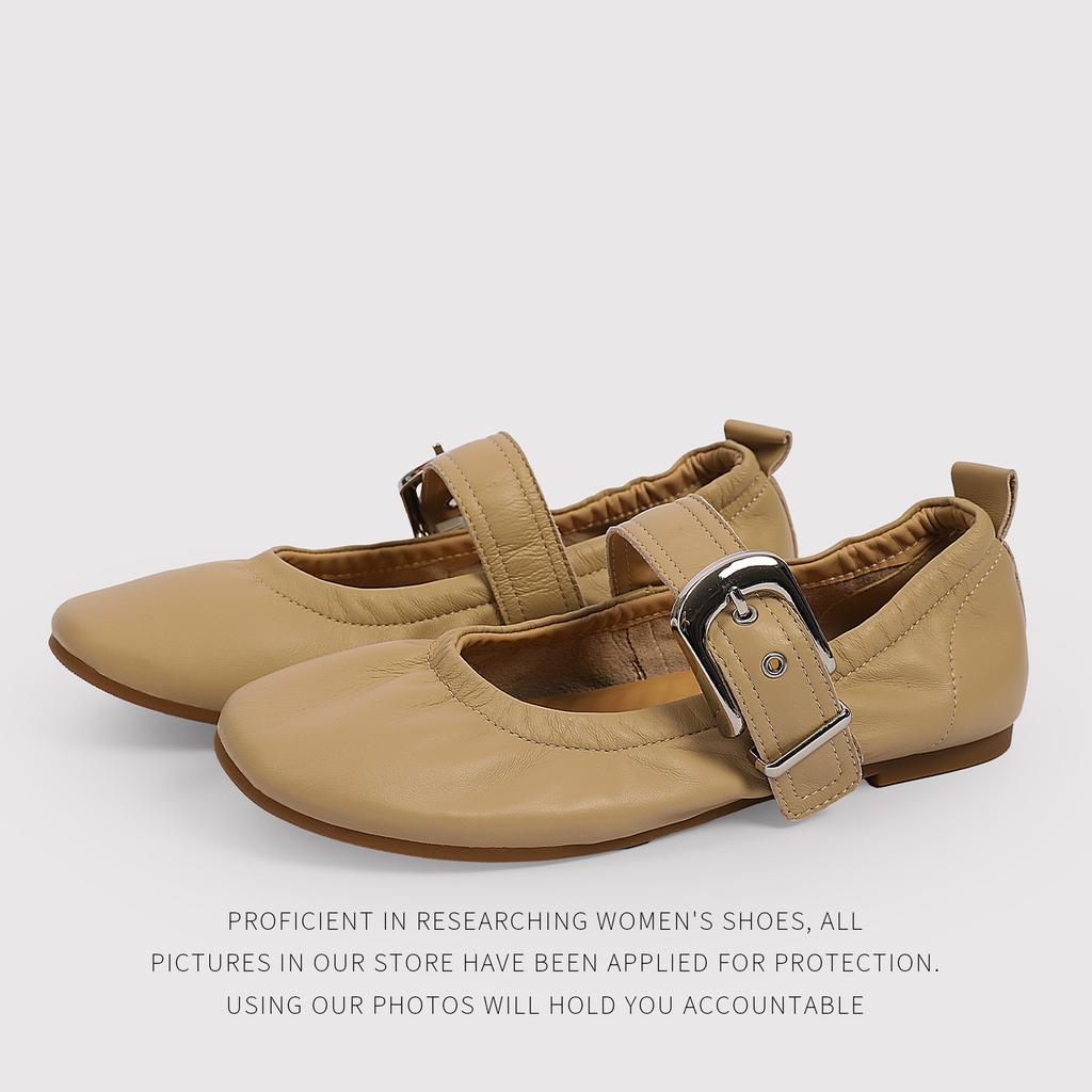 CowhideMetal Square Buckle Ballet Flat Shoes Women'S Skinny Single Shoes Vintage Round Head Mary Jane Shoes