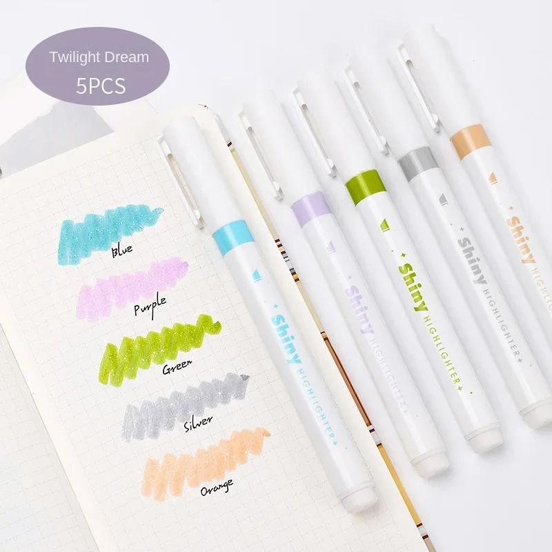 

5 Colors/set Art Glitter Bling Highlighters Metallic Fluorescent Markers Pens for Journaling Charming Kawaii Japanese Stationery