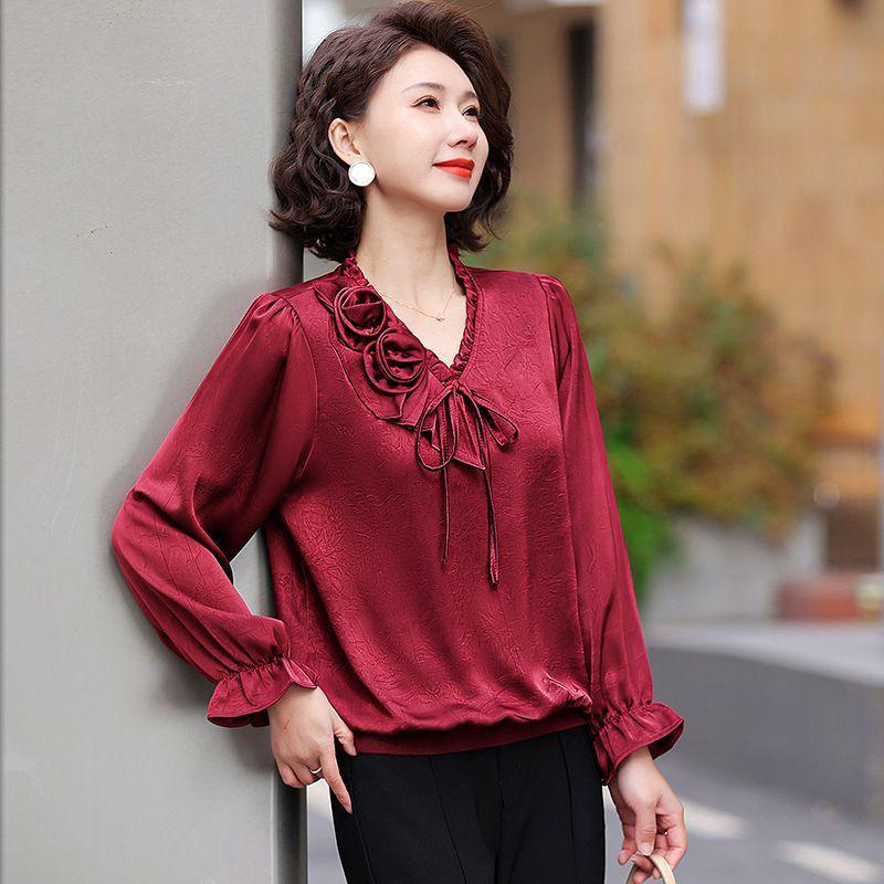 2025 Spring Wedding Banquet Top for Mother-in-law: Elegant Mid-Aged & Elderly Long-Sleeve Shirt