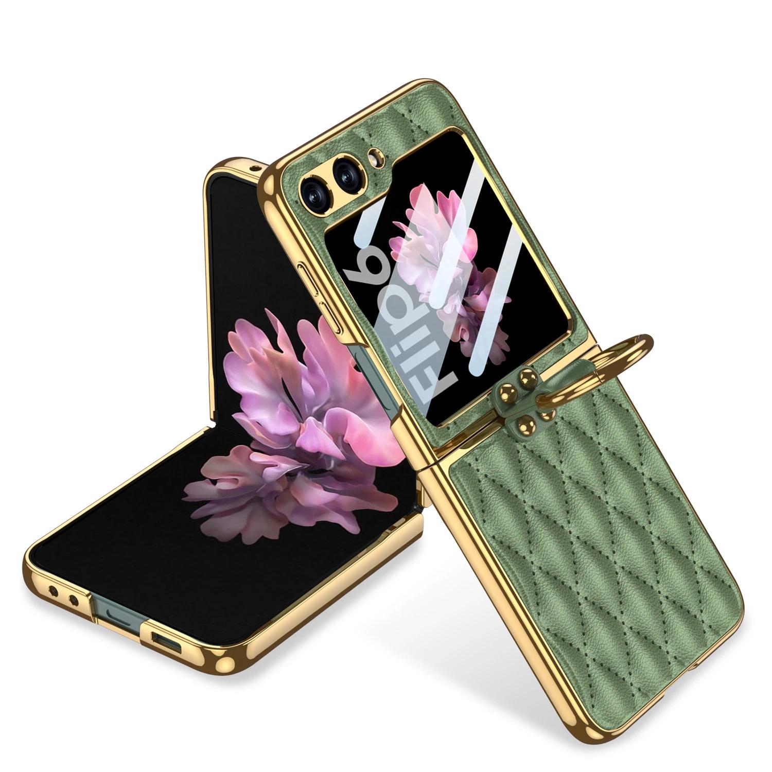 

For Samsung Galaxy Z Flip 6 5 Case Diamond Leather Ring Holder Back Screen Protector Plating Edge Cover for Galaxy Z Flip6 Case Galaxy Z Flip6 світло-зелений колір