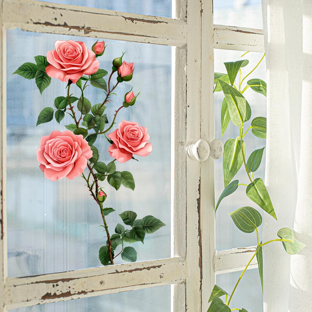 Romantic Pink Rose Window Stickers, Self-adhesive Waterproof Glass Stickers, Home Decoration Wall Stickers