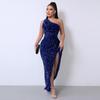 2023 Independent Fashion Velvet One-Shoulder Sequin Slit Evening Gown
