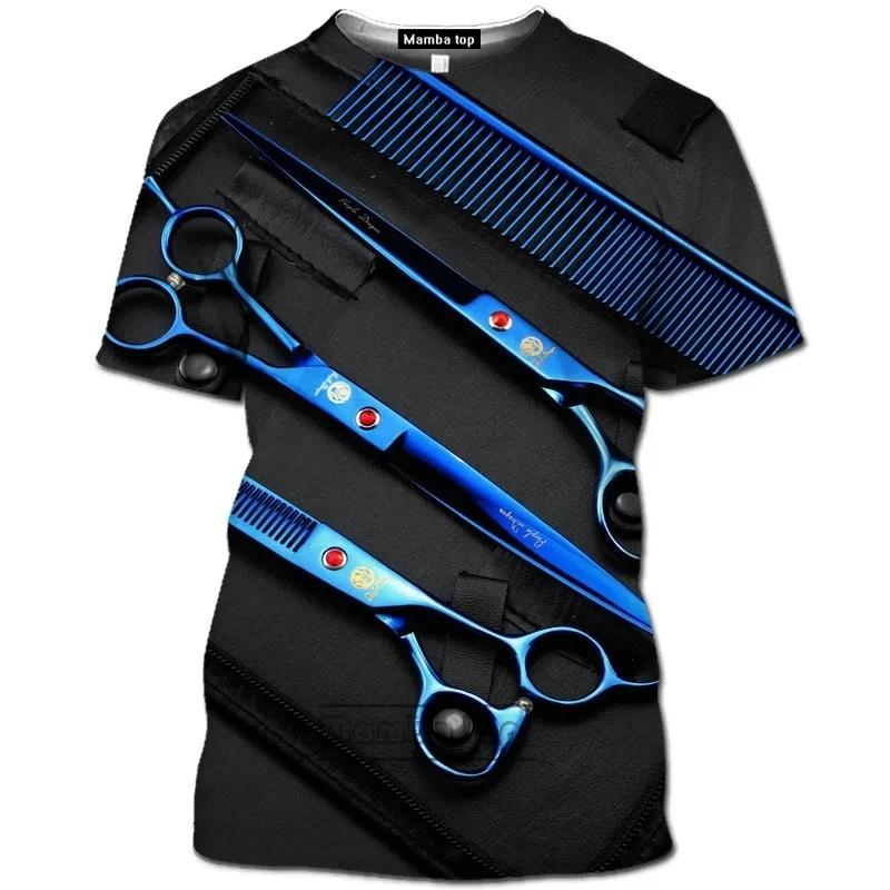 Men's Retro Barber Tool Pattern Men's Printed T-shirt Personalized Round Neck Fashion Comfortable Short sleeved Top