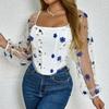 Women's Long-sleeved Square-neck Shirt With Straps And Waist-baring Diamond-shaped Herringbone Top