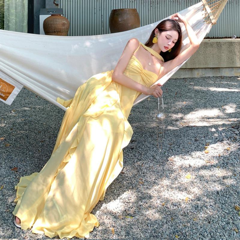 Sexy Backless Long Dress Seaside Vacation Dress Travel Wear Photo Dress Ruffle Edge Beach Dress