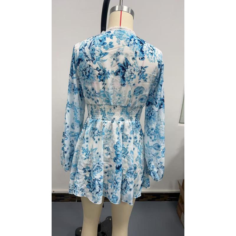 Women's Lace Trim V Neck Floral Print Mini Dress, Long Sleeve Casual Vacation Boho Ruffle Hem Beach Dress for Women