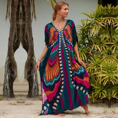 EDOLYNSA Multicolored Kaftan Bohemian Printed V-neck Batwing Sleeve Maxi Dress Women Beachwear Half Sleeve Maxi Dress Robe Q1342