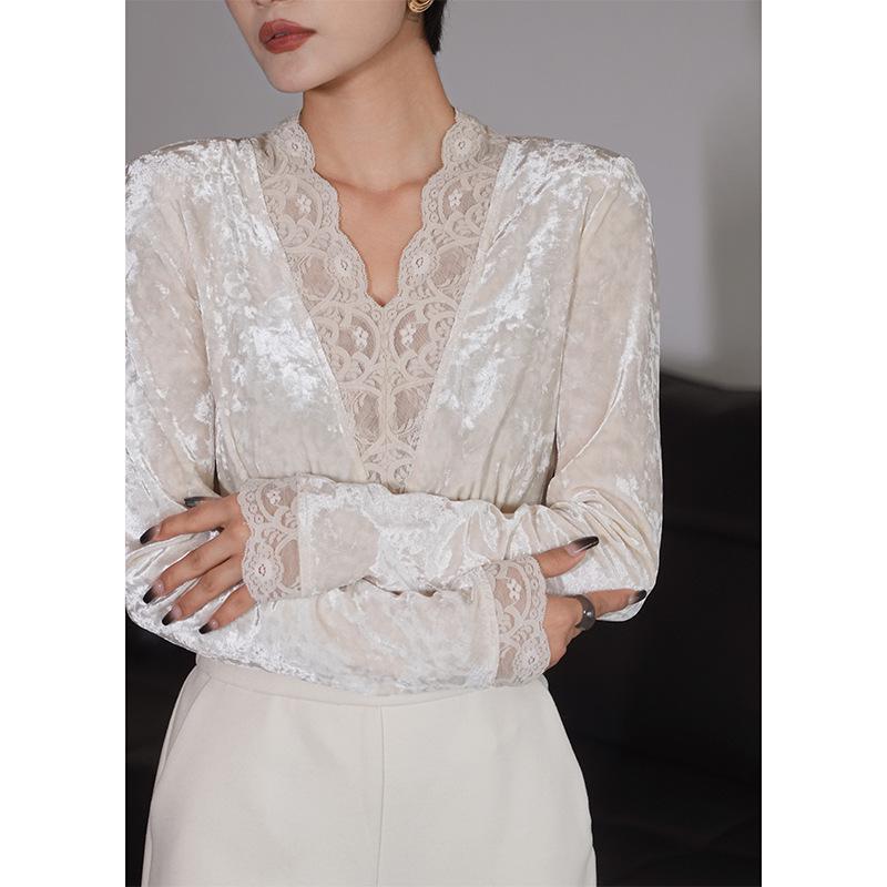 Women's V-Neck Lace Trim Layered Top - Autumn, Spring, Winter - Faux Fur & Velvet, Elegant & Unique.
